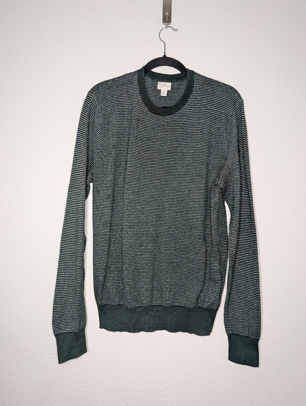 J. Crew Mens Dark Green Knit Mini Striped 24' Preppy College Crewneck Sweater M